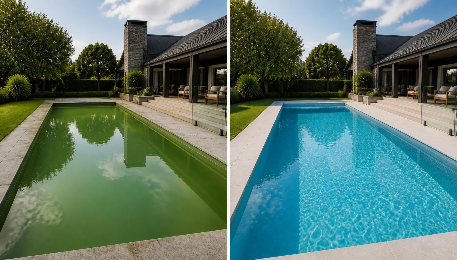Residential pool restored from cloudy green water to clean, clear blue water
