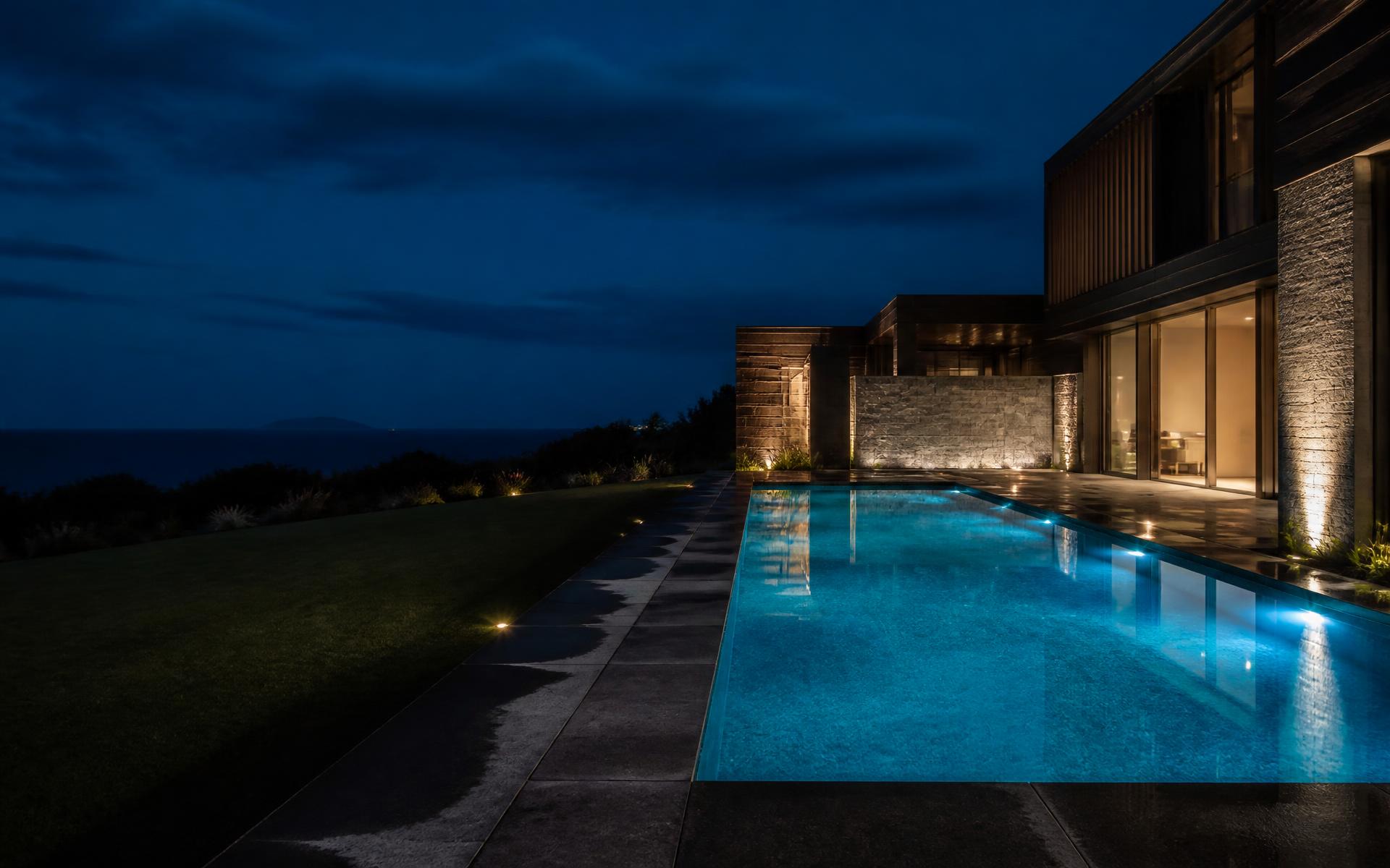 Luxury residential swimming pool illuminated at dusk